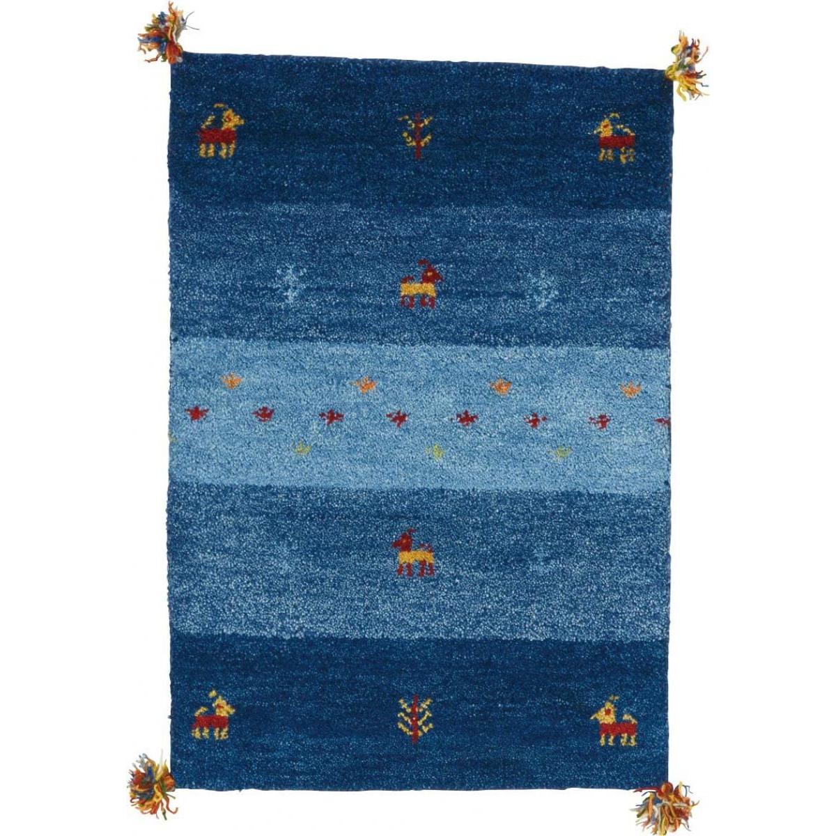 萩原 ギャッベ マット 玄関マット ブルー 約45×75cm 「GABBEH D20」 ウール 手織り ラグ ラグマット オールシーズン