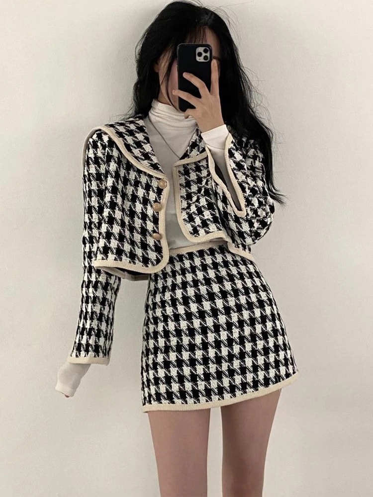 セットアップ レディース 千鳥 格子 ジャケット スカート ミニ ボレロ風 長袖 スリム ハイウエスト ツーピース かわいい ガーリー おしゃれ お出かけ イベント 白 黒 チェック S M L XL