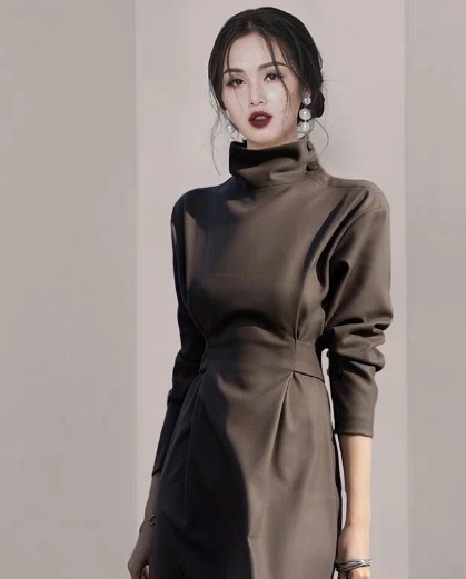 ワンピドレス ロング ロング丈 マキシ マキシ丈 9分丈 袖あり ハイネック スタンドカラー スリム タイト 細身 スマート ウエストマーク ポリエステル きれいめ 大人 上品 おしゃれ お洒落