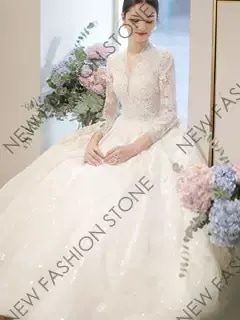 ウェディングドレス2024新型Vネック長袖高級質感フレンチウェディングドレス-65