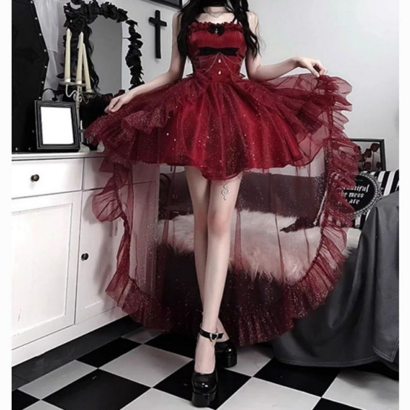 sレッドドレス ライトドレス プリンセスドレス ロリータ キュート スウィート スーパーフェアリー 微ラメテールスカート