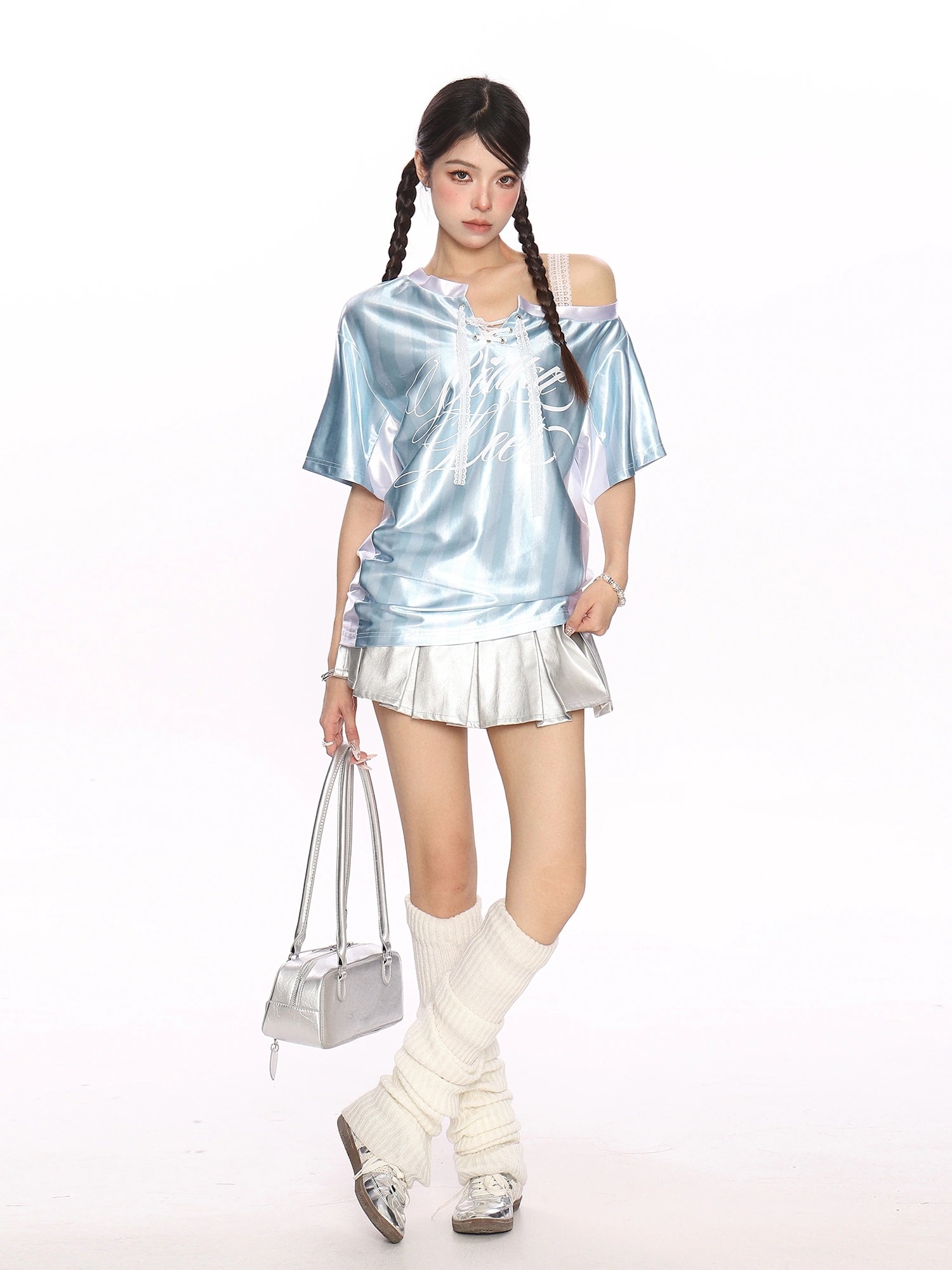 2025春夏 韓国可愛い風 レース切り替え トップスTシャツK-PPファッション半袖ストリート系サイド丈フットシルエットシャツ衣装レディースサイズVネックユニセックスおしゃれカジュアルダンスラグラン