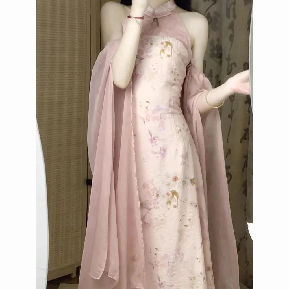 新中国式改良チャイナドレス婚約ドレス高級軽贅沢小衆中国風ピンクの首掛けワンピース女性春夏 母の日のプレゼント