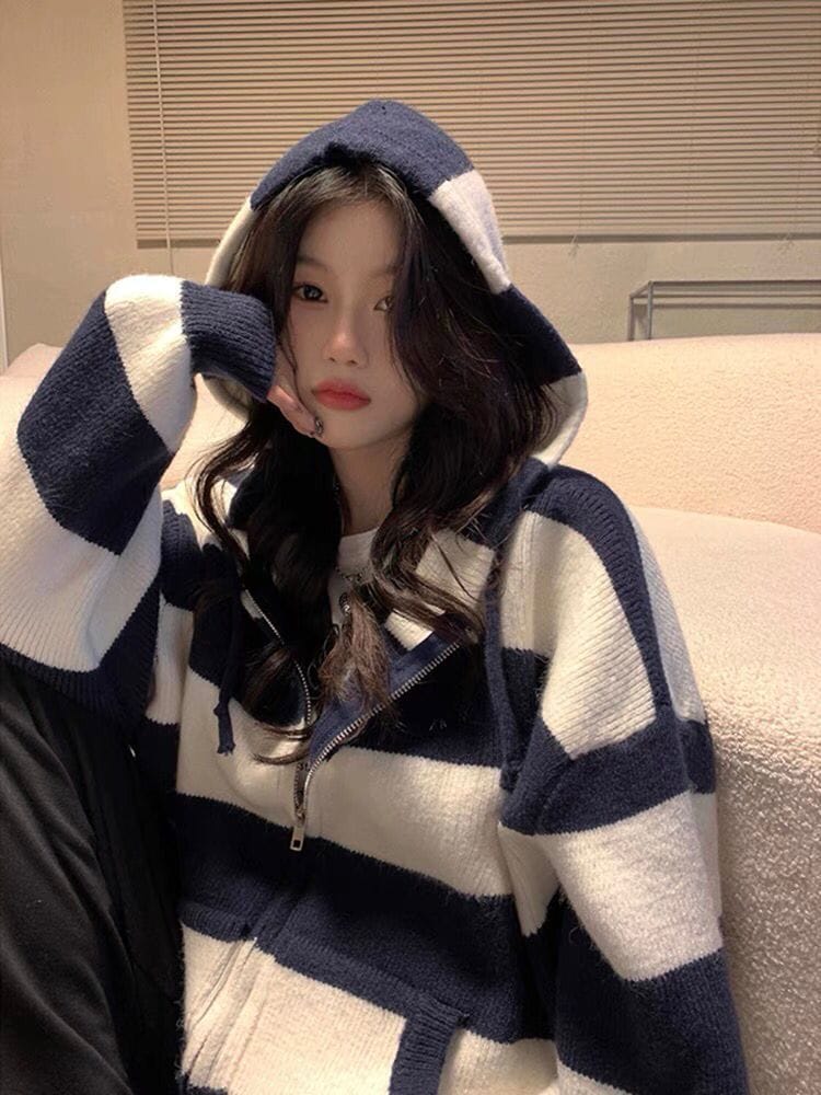 フード付き ドローストリング セーター ジャケット レディース 2025年秋 レイジー スタイル ストライプ ルーズ ジッパー ニット カーディガン ジャケット 母の日 母の日-0008644