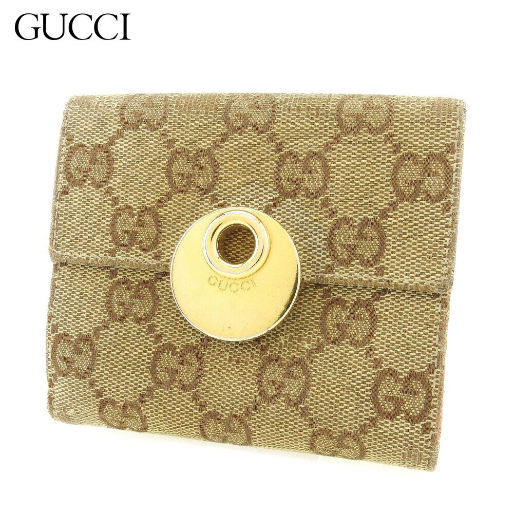 Wホック財布 二つ折り 財布 GG柄 ベージュ ピンク 中古