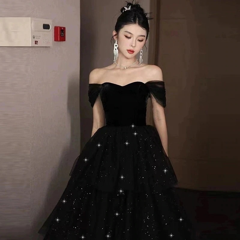 女性ため黒イブニングドレス2025ファッショナブルでエレガントな威厳あるボーカルアートテスト宴会ホストドレス夏スタイル