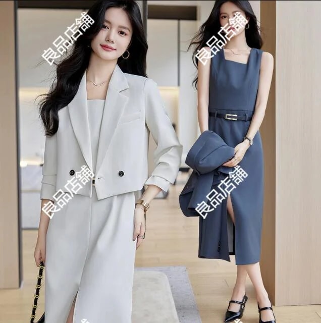 販売中スーツ セットアップ スカートスーツ 【クロップド丈 ジャケット】【ジャケット+ロング丈ワンピース】フォーマルスーツ カジュアル セレモニースーツ 就職活動 3色 ゆったり スーツ 2点セッ