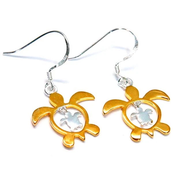 ハワイアンジュエリー フックピアス ホヌ 親子 ウミガメ スイング イエローゴールド ペアカラー レディース シルバー925