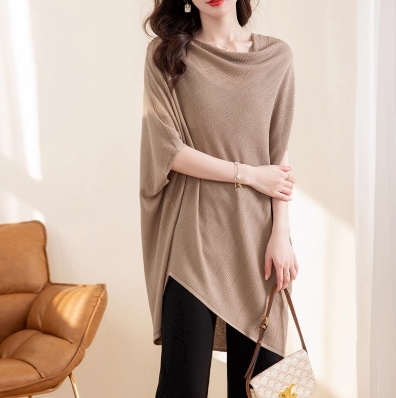 レディース トップス ニット セーター プルオーバー サマーセーター サマーニット ミモレ 丈長 半袖 ドルマンスリーブ 襟なし ノーカラー ドレープ フェミニン ニット シンプル カジュアル