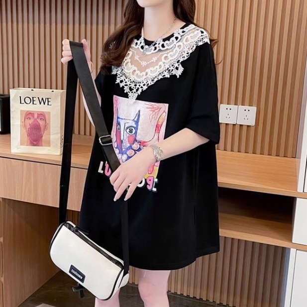 レディース トップス ワンピース Tシャツ シャツワンピ 半袖 5分袖 レース 刺繍 切り替えデザイン ドッキング かわいい 大人可愛い カジュアル おしゃれ こなれ感 ガーリー ルーズ 抜け感