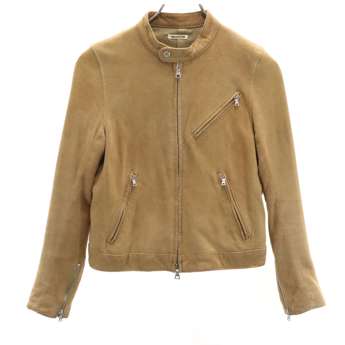 山羊革 スエードレザー シングルライダースジャケット S ベージュ レディース 古着