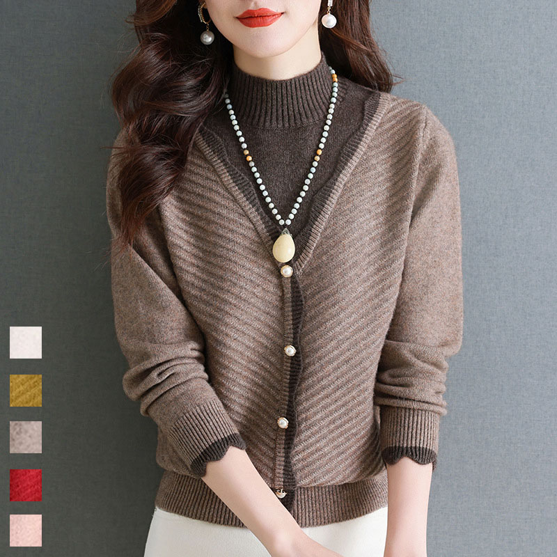 【大好評】 レガント ルーズ 長袖 レイヤード ギャザー ボタン ハーフネック セーター 重ね着風 ニット レディース