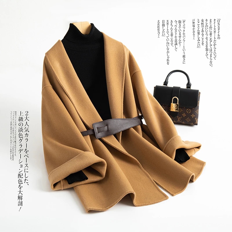 秋冬 小柄 ケープ 両面カシミアコート レディース ゆったり ウールコート 高級感