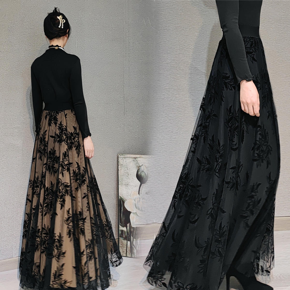 リーフ柄フレアスカート スカート ボトムス フレアスカート ロング ロング丈 フレア Aライン レース ハイウエスト かわいい 大人可愛い きれいめ シンプル カジュアル 大人 上品 おしゃれ お洒落