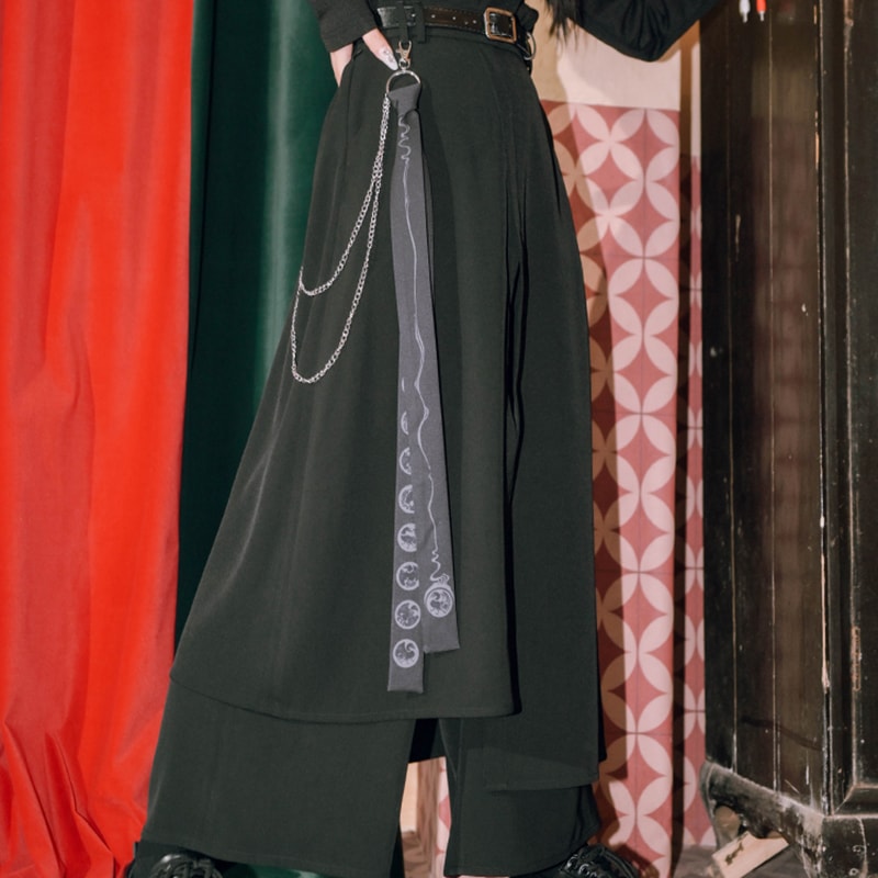 チャイナ風ズボン ガウチョパンツ ロング 黒 ワイドパンツ レディース レイヤード 春秋 飄逸 取り外し可能のチェーン付き 個性的