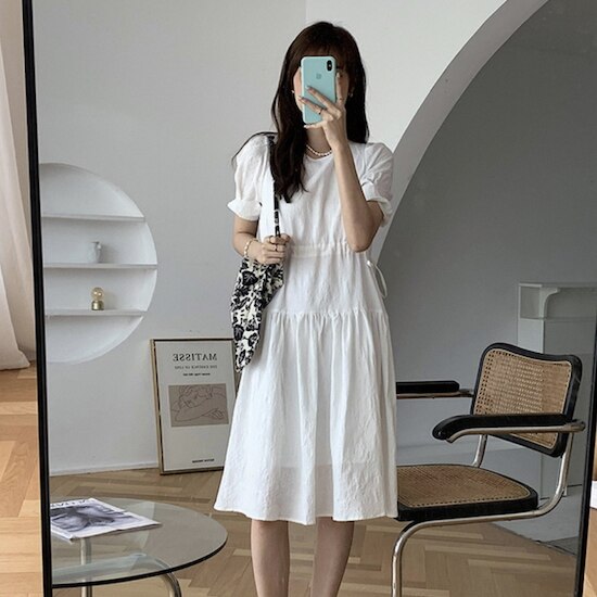 【取寄：納期2週間】ワンピース レディース ミディ丈 コットン カジュアル 半袖 パフスリーブ Aライン