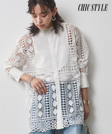 シャツブラウス 大きいサイズ レースシャツチュニック シックスタイル