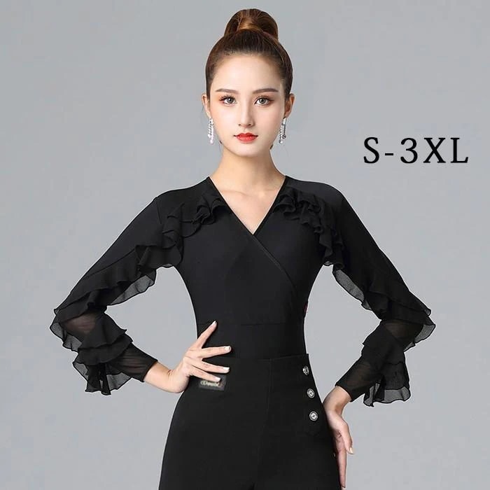 社交ダンス トップス レオタード 股下ホック 長袖 透け感 フリル 胸パッド付き ラテン モダン タンゴ サンバ レッスンウェア ブラック S-3XL