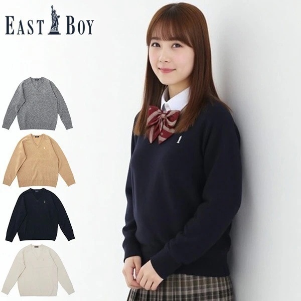 セーター レディース 学生 制服 秋冬 秋 冬 薄手 かわいい Vネック 紺色 紺 白 ラムウール ウール 女神刺繍 長袖 スクール 定番 通学 ラムウールセーター7G 5216502