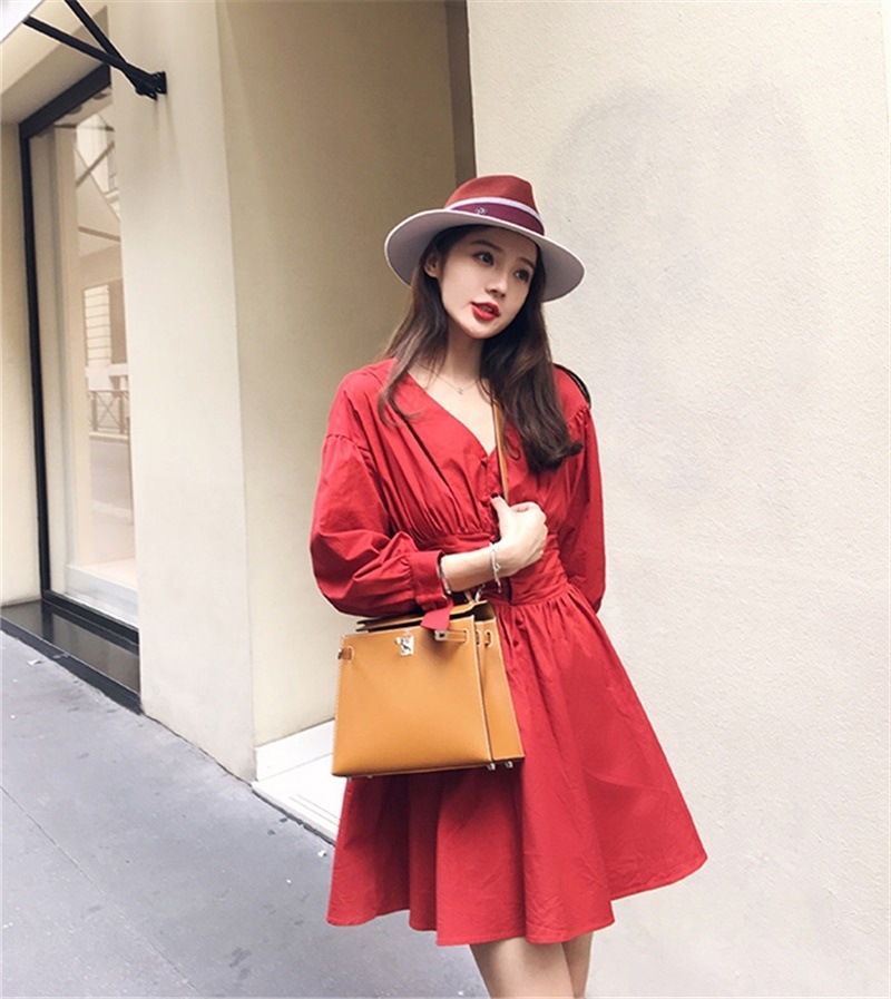 1679. Vネックフレアミニワンピース（レッド）2019 春夏 sale カジュアル 普段使い 通学 カフェ ランチ お呼ばれ ショッピング