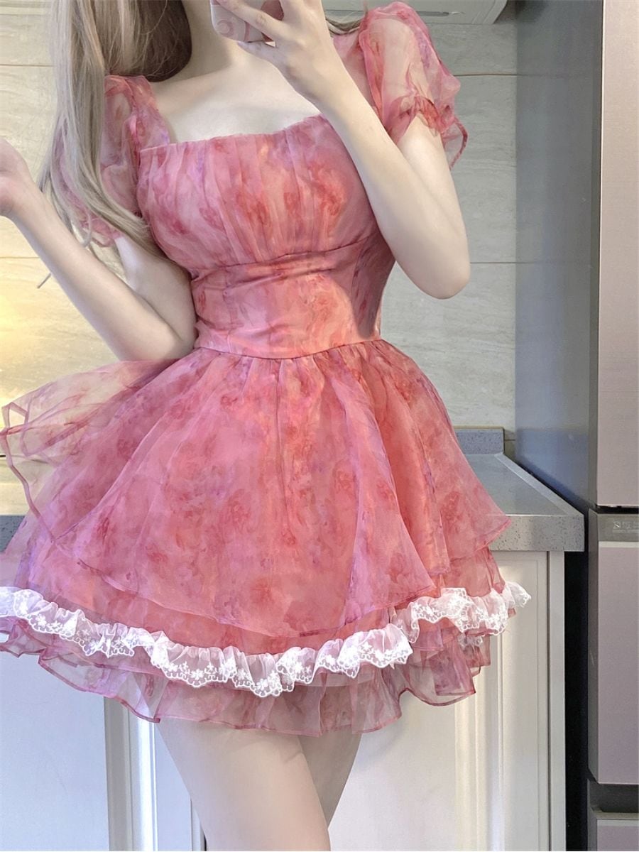 ロリータ プリンセスワンピース 夏 フランス バブルスリーブ 花柄ポンポンスカート ワンピース