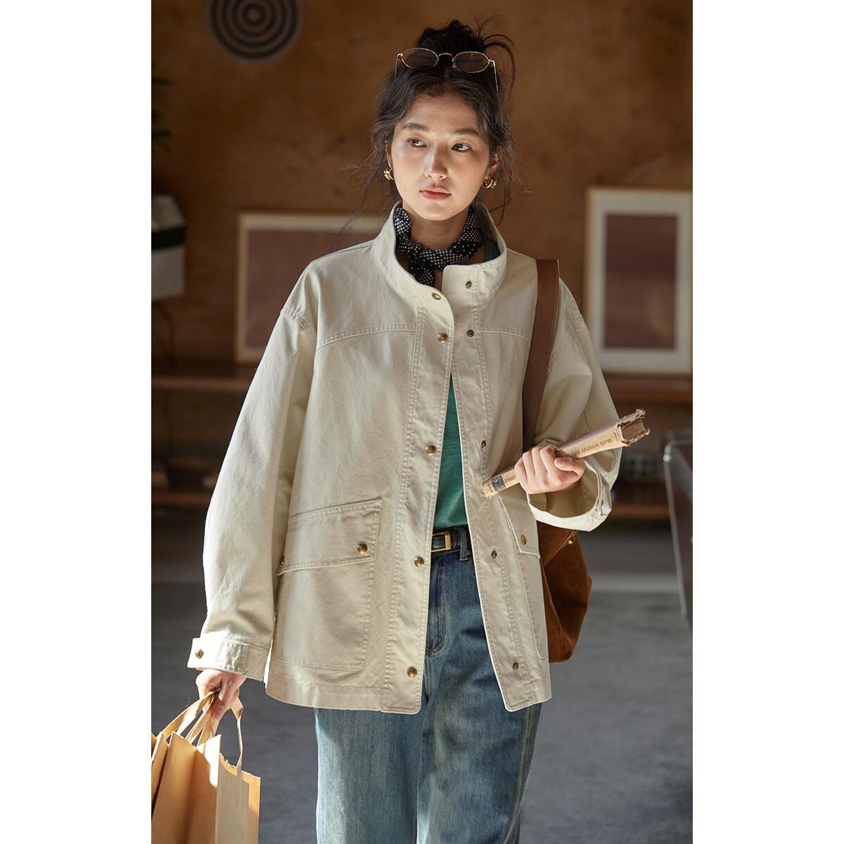 keep warm オリガー レトロ スタンドカラー gifts for women ルーズ ワークウェア ジャケット レディース 秋