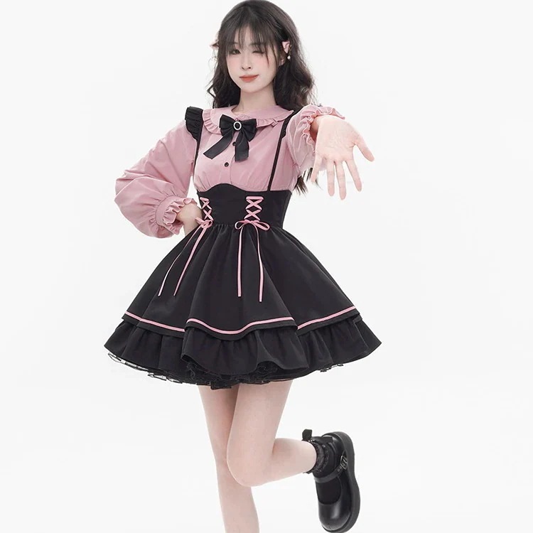 ロリータ コスプレ 2024 新作 メイド服 セーラー服 二点セット 地雷系 サロペットスカート+シャツ