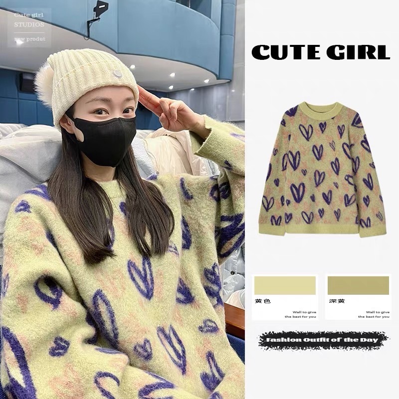 ハート柄ニットセーター プルオーバーニット クルーネック ニット セーター トップス レディース 可愛い. 秋冬 デート お出掛け 休日コーデ ママコーデ D31