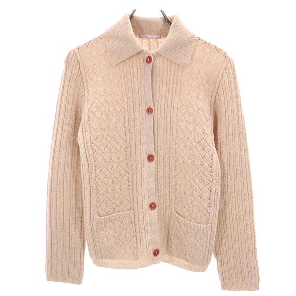 透かし編み 長袖 アンサンブル M ベージュ 透かし編み カーディガン ノースリーブニット レディース 古着