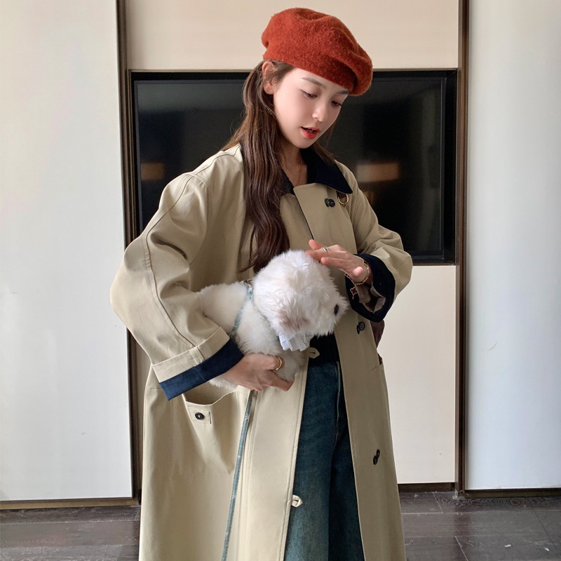 2024春秋の新作ミドル丈ウインドブレーカーレディース韓国スタイルルーズスリムレトロ多用途ラペルジャケットデザイン