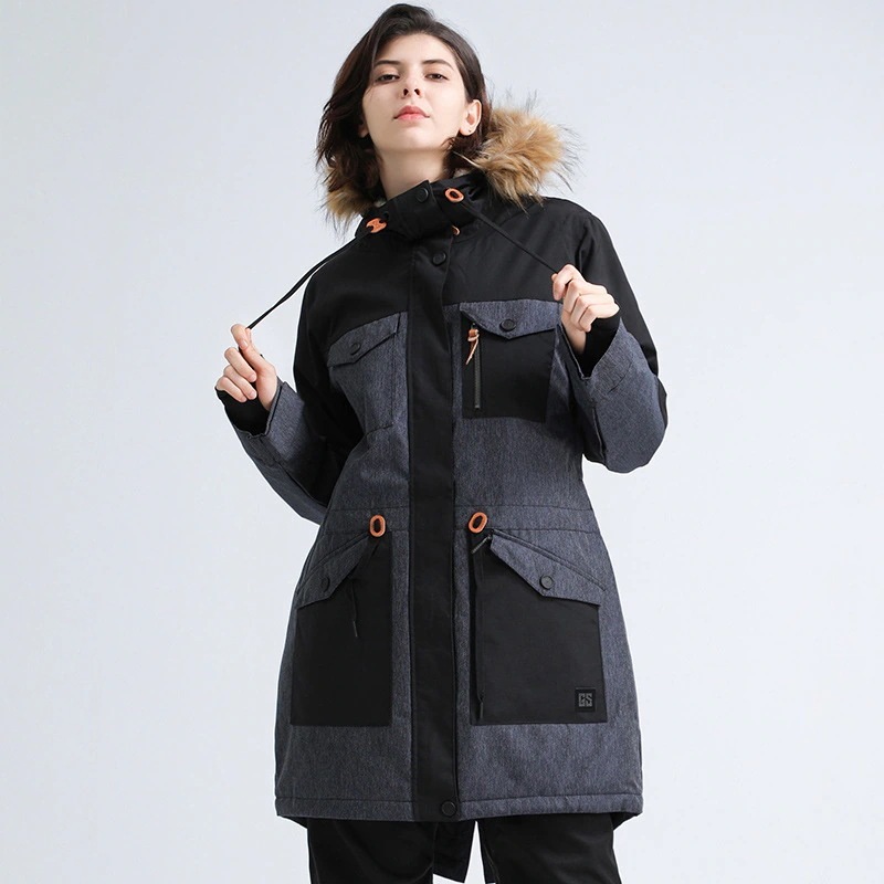 スノーボードウェア ジャケット ロング丈 単品 レディース フード付き 切り替え 配色 スノーウェア スキーウェア スノボ おしゃれ 防風防水防雪防寒保温通気 耐摩擦 韓国