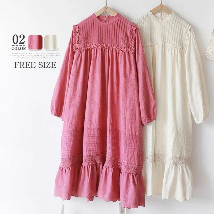 フリル ワンピース レディース ロング 花柄 長袖 春秋 きれいめ フレアワンピース コットン ナチュラル ロングワンピース ロング aラインワンピース aライン フレア 綿 タック 大きサイズ ゆっ