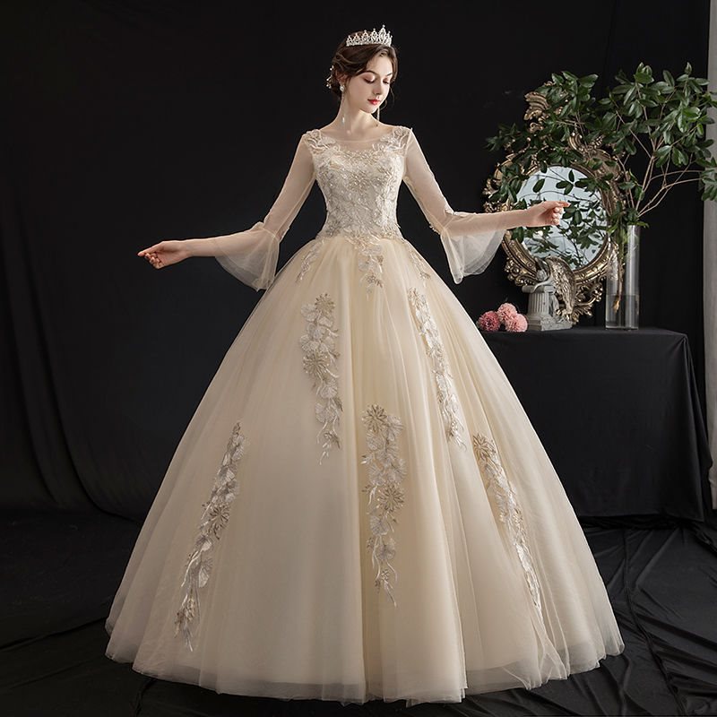 花嫁のウェディングドレスメインウェディングドレス2025花嫁の贅沢な妊婦シャンパンカラーレトロ長袖シンなウェディングドレス
