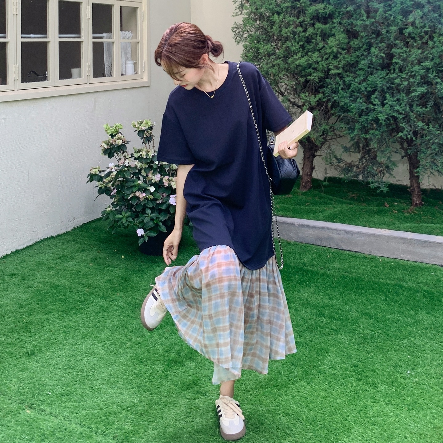 2025新作 おしゃれ ワンピース 着痩せ ブルー 大きいサイズ Tシャツワンピース ロングワンピース かわいい シンプル お出かけ