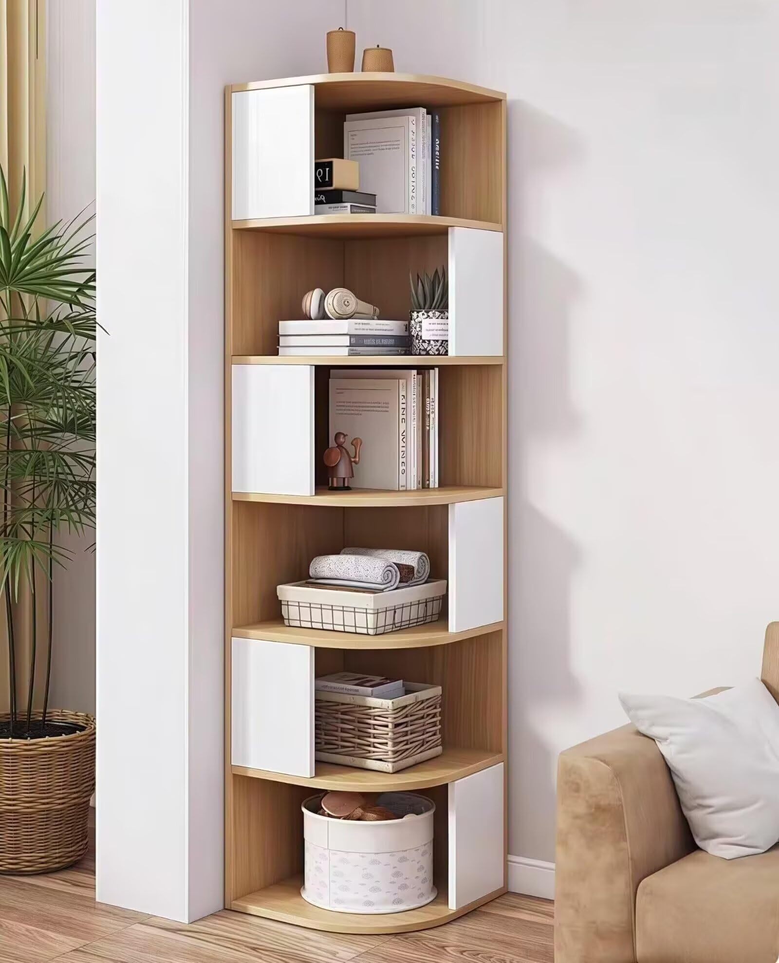 本棚 多層収納キャビネット コーナーキャビネット 6層 大容量 40*40*176.8cm オープンブックシェルフ 本と雑誌の収納 コーナーに配置 落下防止バッフル 滑らかなエッジ 整理して保管 スペ
