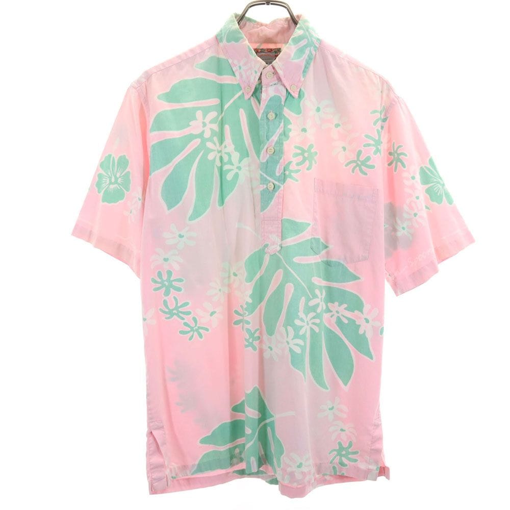 90s 00s オールド 総柄 リバースプリント 半袖 ハーフボタン ボタンダウンシャツ M ピンク系 メンズ