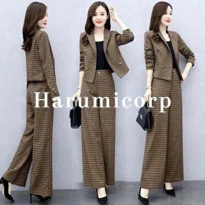 ズボンスーツ秋冬 レディース韓国風チェック柄黒セットアップ 2点セット オシャレ ママ スーツ 入園式 卒業式 通勤 30代 40代新作 上品 新作