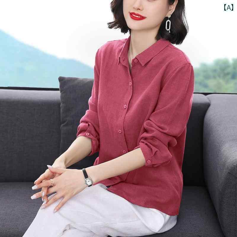 レディース　　シャツ　トップス Kozoff多彩な カラー 洗浄 リネン 長袖 シャツ レディース 夏の 芸術的な ストレート トップ