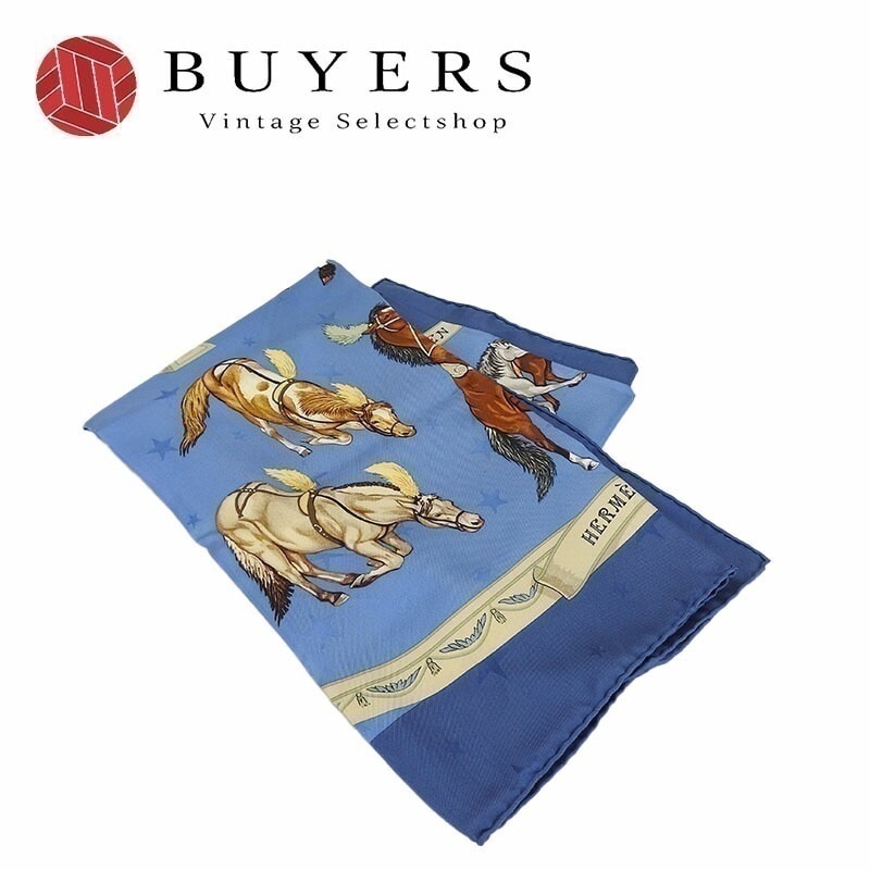 中古 エルメス スカーフ カレ90 EN PISTE シルク100％ 馬 小物 大判 小物 大判 ブルー系 BLUE 青 レディース 女性 ホース HERMES carre90 horse 【中古】