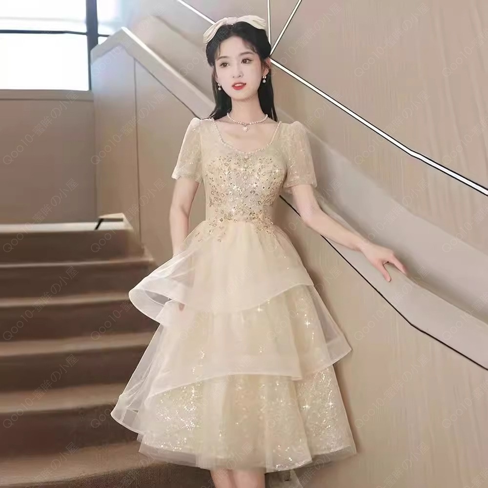 パーティドレス ウェディングドレス 花嫁 演奏会用ロングドレス カラードレス Ａライン 結婚式 カラードレス シャンパン-73