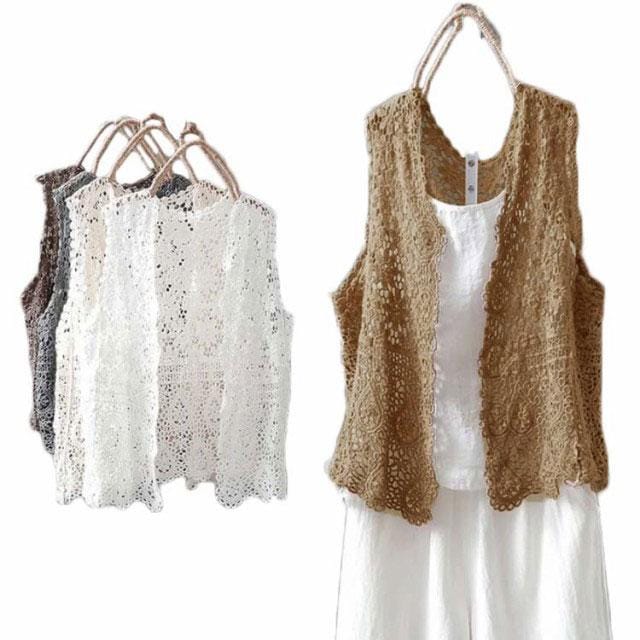 シンプル 体型カバー ベスト ノースリーブ オシャレ 夏 ゆったり コットン メーカー直販花柄レースベスト レディース カジュアル 無地 無地 総レース