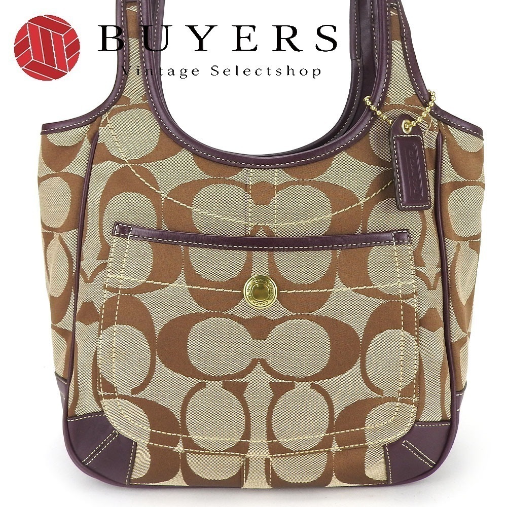 中古 トートバッグ 11292 シグネチャー キャンバス レザー ベージュ プラム 肩掛け カジュアル レディース 女性