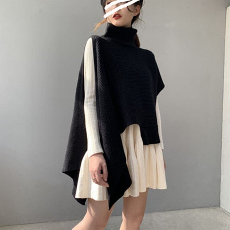 変形 アシンメトリー タートル リブニット ポンチョ レディース トップス セーター 袖なし デザインニット プルオーバー 温かい 秋 冬 ３カラー a3871