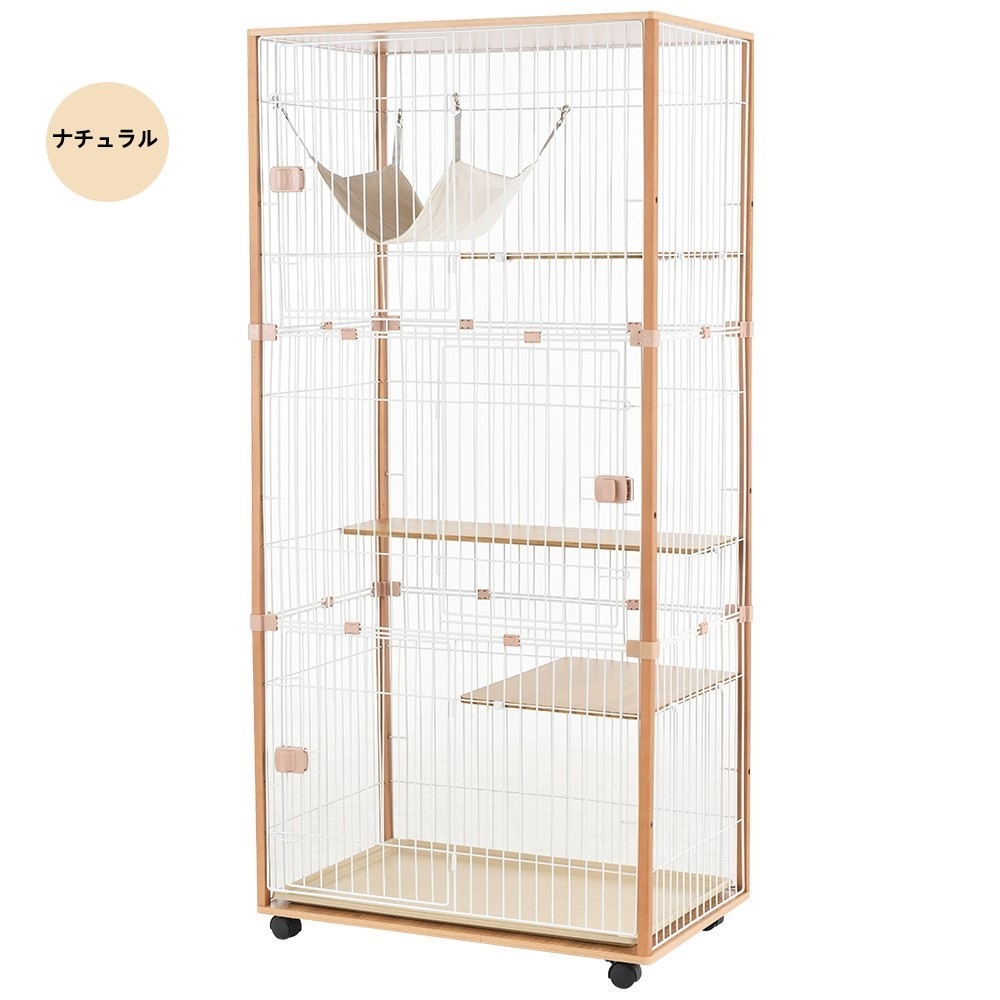 384猫 キャットケージ ケージ 木製 キャットハウス ネコ ハウス 留守番 保護 脱走防止 多頭飼い 多頭 スチール 三段 （ナチュラル）
