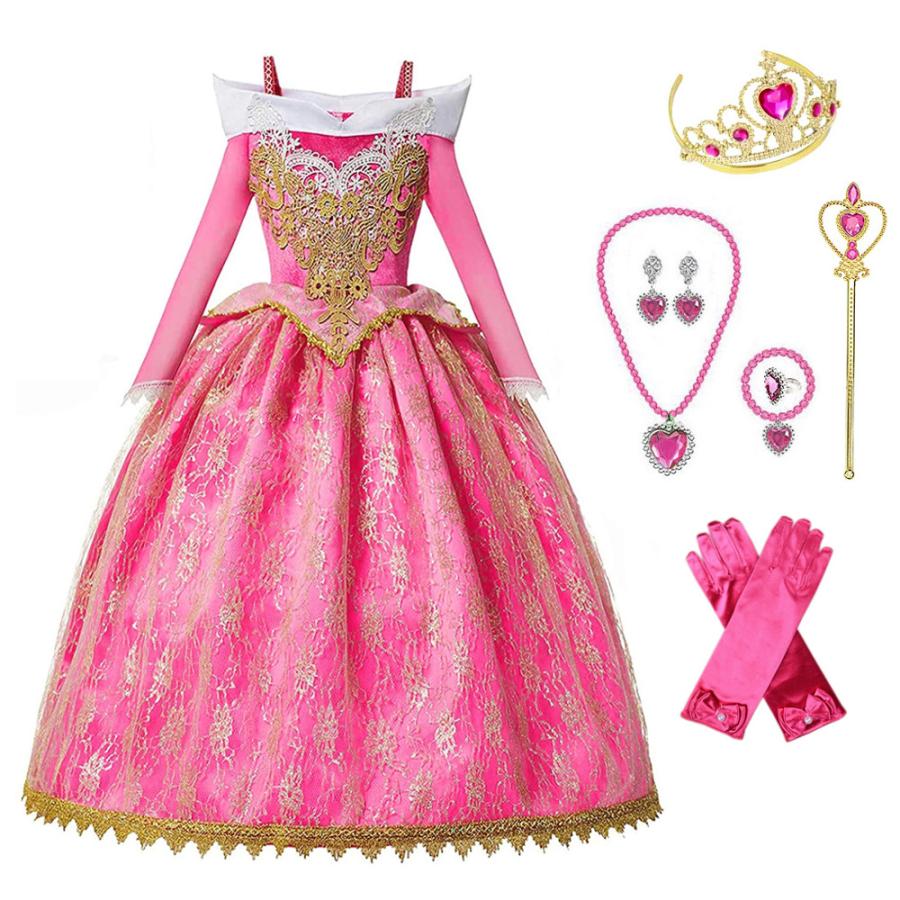 2024新作先行発売オーロラ姫 ドレス 子供 コスプレ 衣装 豪華８点 セット ( ドレス 手袋 ティアラ ステッキ ネックレス イヤリング など) 100 110 120 130 140【短納期】