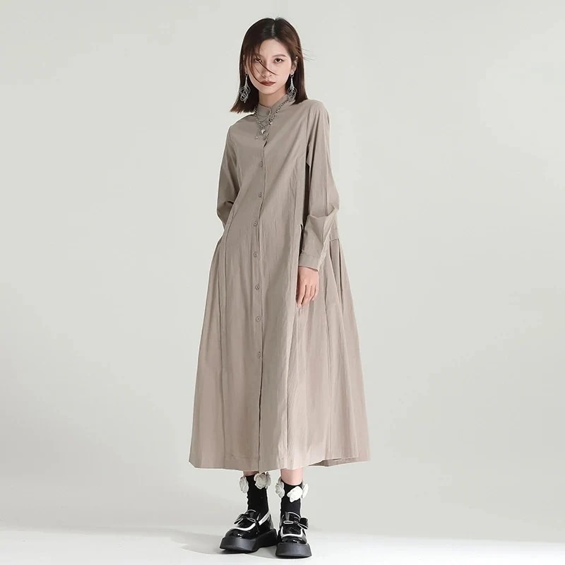 切り替え 無地 ロングワンピース 体型カバー シャツワンピース ワンピース 日系 イレギュラー 長袖 パーティードレスドレス綿麻 服