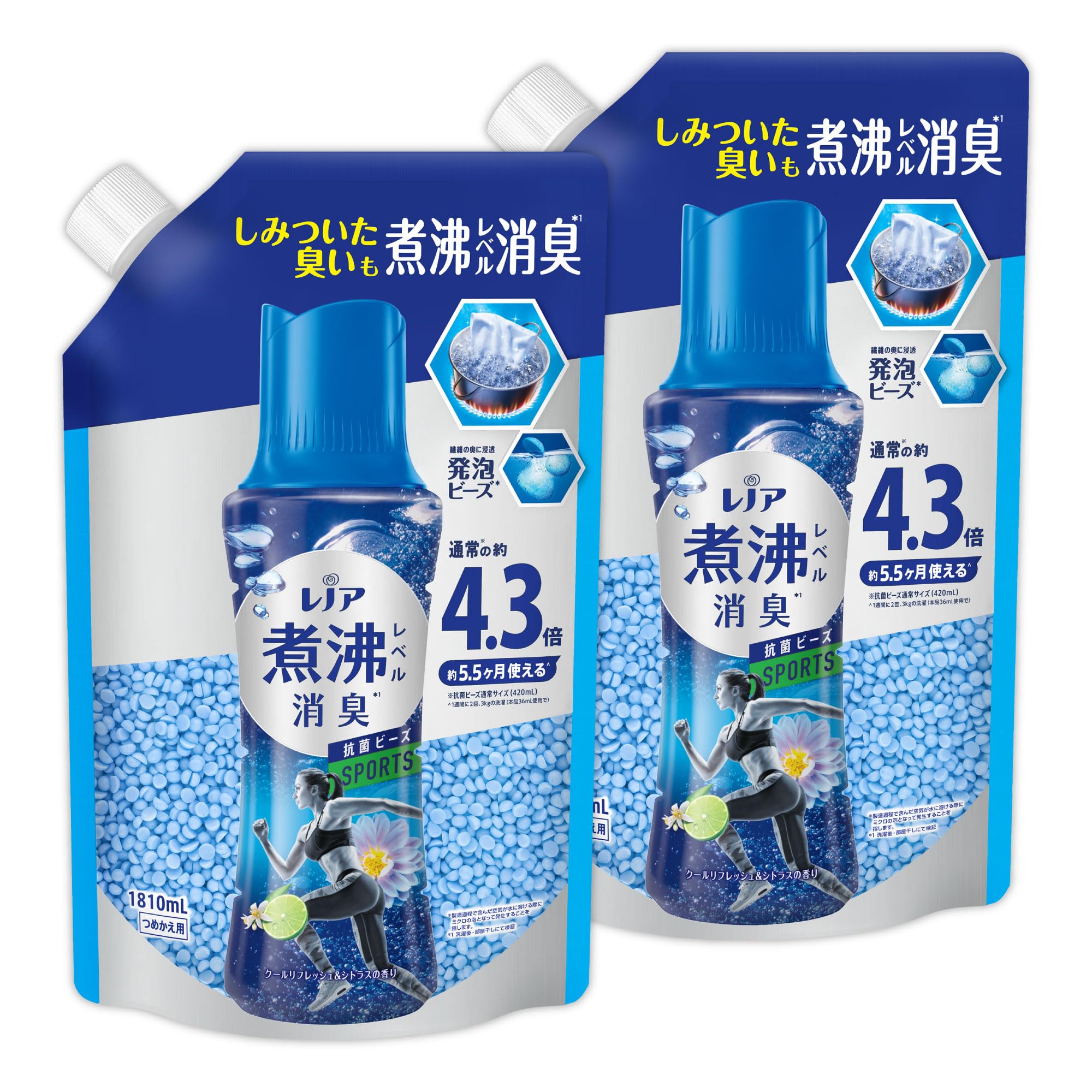レノア 超消臭 煮沸レベル消臭 抗菌ビーズ SPORTS クールリフレッシュ&シトラス 詰め替え 1,810mL×2袋 【まとめ買い】 [大容量]