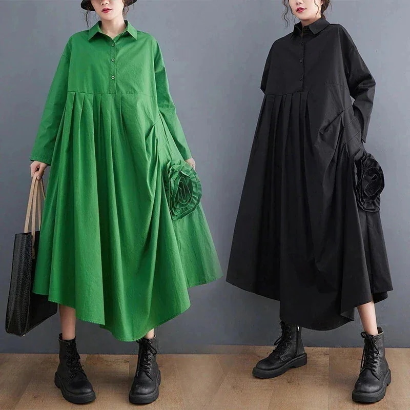 大きいサイズ シャツワンピース 飾り花付き ロングワンピース レディース 2026秋 「ファットガール」 長袖