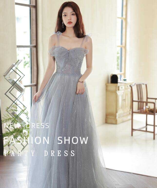 高級感 おしゃれ エレガント レディースドレス ロングドレス チュールスカ グレー キャミソール ロングドレス 編み上げ 宴会 結婚式 成人式 披露宴 着痩せ フランス風 新着 お呼ばれ ブライズメイ
