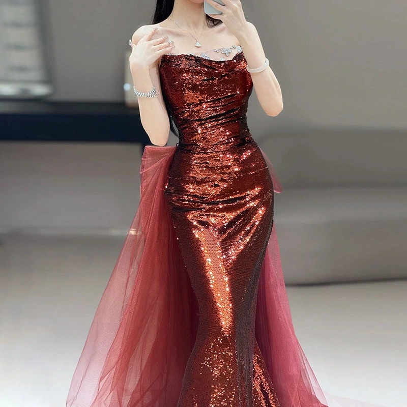 マーメイドドレス イブニングドレス ビスチェドレス ワイン赤 発表会ドレス キラキラドレス スパンコール ロングドレス ワインレッド マーメイドライン ラインストーン キレイめ パーティードレス ノー